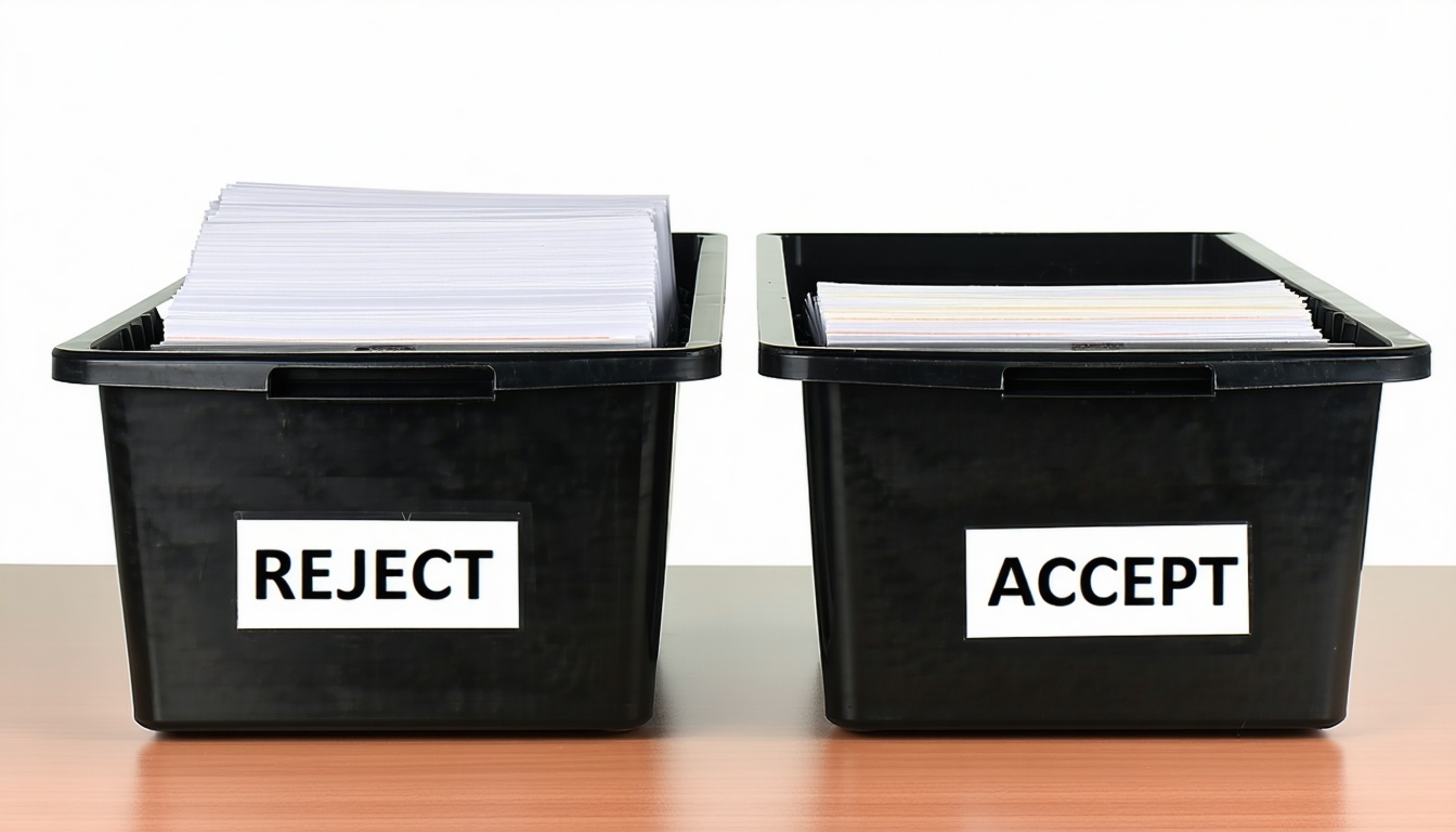 Tacki na dokumenty na stole Jedna z nich jest oznaczona jako REJECT, a druga jako ACCEPT-1.