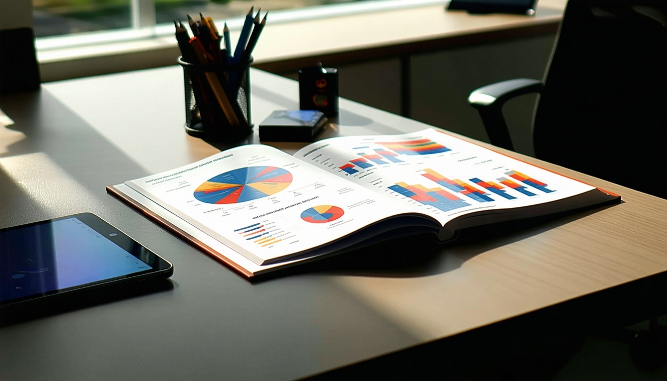 Eleganckie, współczesne biurko ma gładką, wypolerowaną powierzchnię oświetloną naturalnym światłem wpadającym przez pobliskie okno. Na biurku spoczywa oprawiony raport marketingowy z profesjonalną okładką o żywym designie i pogrubioną czcionką-2.