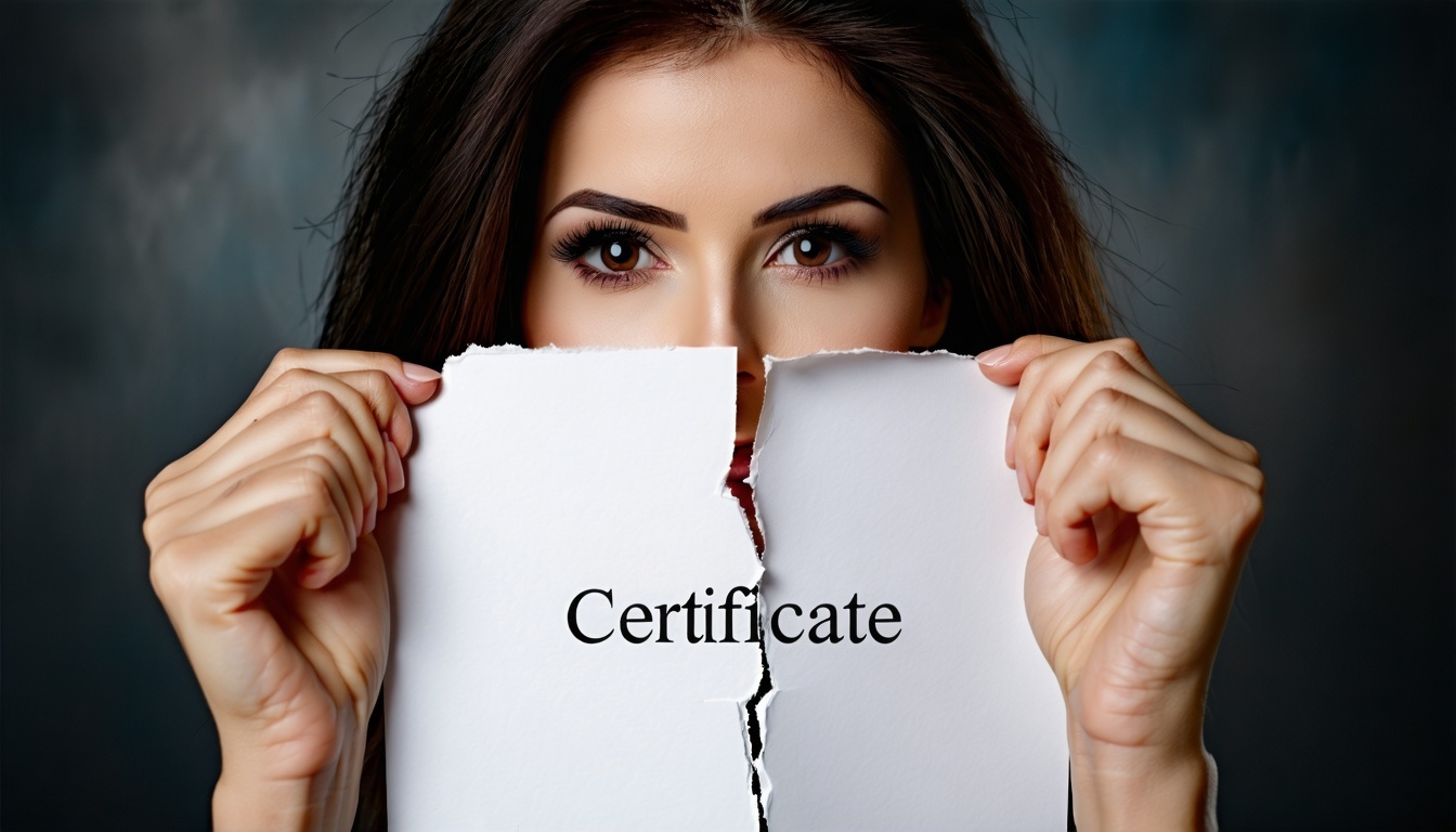 Dłonie kobiety, delikatne, ale zdeterminowane, chwytają krawędzie chrupiącej, oficjalnie wyglądającej kartki papieru z napisem 